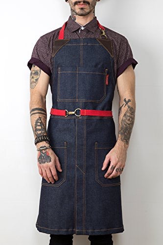 Blue Denim & Brown Leather Barber Apron