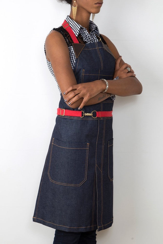 Blue Denim & Brown Leather Barber Apron